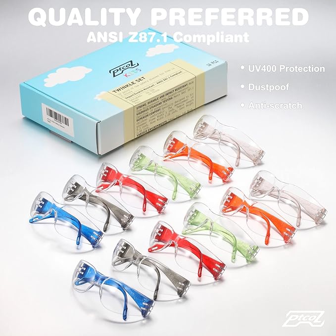 Kids Safety Glasses, Scratch, Impact Resistant Safety Goggles with Clear Lens Assorted Twinkle Color Frame, Eyewear for Lab, Sports,Shooting, Landscaping, Child Youth Size