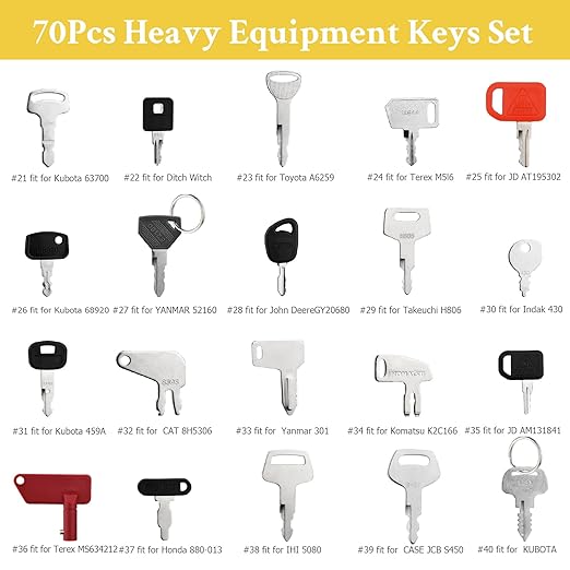 70 Heavy Equipment Keys Master Set, Machine Keys for Cat Caterpillar John Deere Komatsu Volvo Bobcat Kubota JCB Sany Terex Case Hyster Yanmar Takeuchi New Holland Construction Equipment Machinery