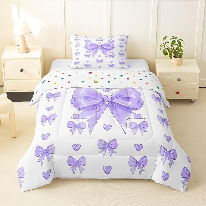 Feelyou Cute Purple Bow Comforter Set All Season Love Hearts Bowknot Bedding Set with 1 Pillow Cases Princess Bow Microfiber Kids Twin Bedclothes Bedroom Decor Duvet Quilt Breathable Soft Lightweight