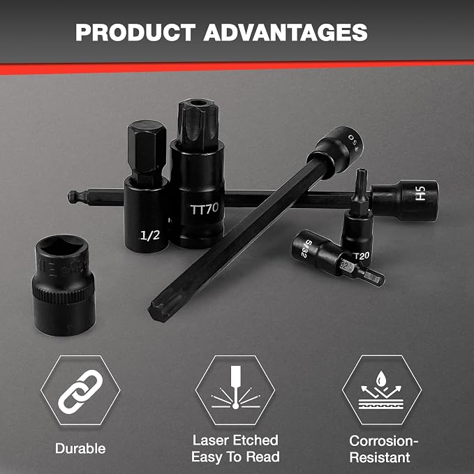 EACELIY 107PCS Bit Socket Set,1/4”,3/8 & 1/2” Drive Bit Socket Set,Torx/Extra Long/Tamper Proof/Hex/Ball End Hex,S2 Alloy Steel & CR-V,SAE&Metric