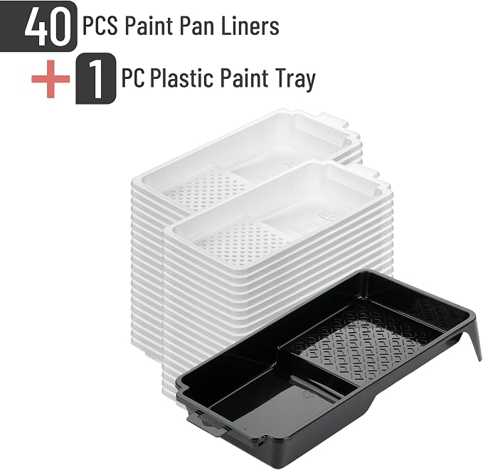 Bates- 4 Inch Paint Tray Set, 41 Pack, 1x 4 Inch Paint Roller Tray, 40x Disposable Plastic Liners, Black and White