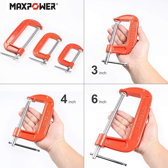 MAXPOWER 6-inch C Clamps Set, 3-inch Throat Depth, Pack of 4, Heavy Duty Ductile Cast Iron C-clamps for Welding, Woodworking, Metal Workpiece