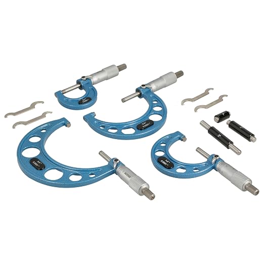 Outside Micrometer Set, 4 Pieces 0-1", 1-2", 2-3", 3-4", 0.0001" Graduation, Ultra-Precision Machinist Tools, Carbide Tips, Vernier Scale, Ratchet Stop, Includes Case