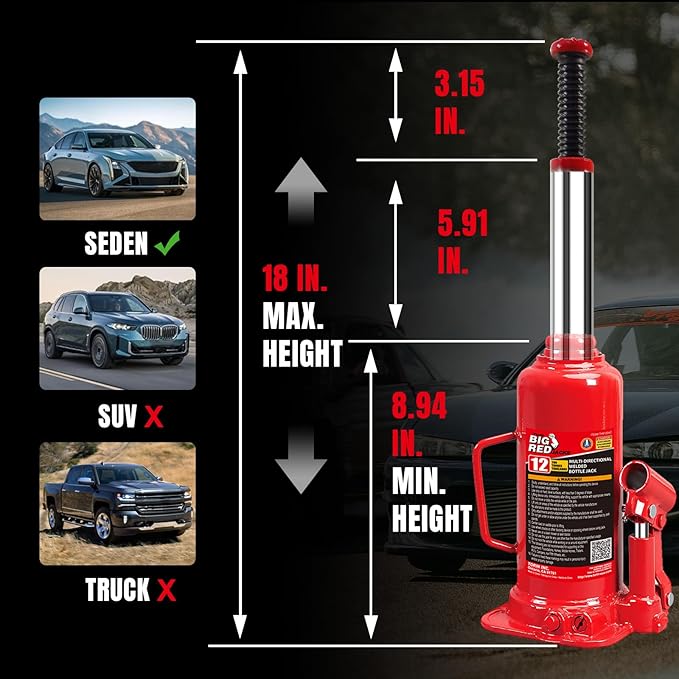 Big RED Welded Car Bottle Jack with Vertical and Horizontal Usage: Capacity 12 Ton (24,000 LBs), Red
