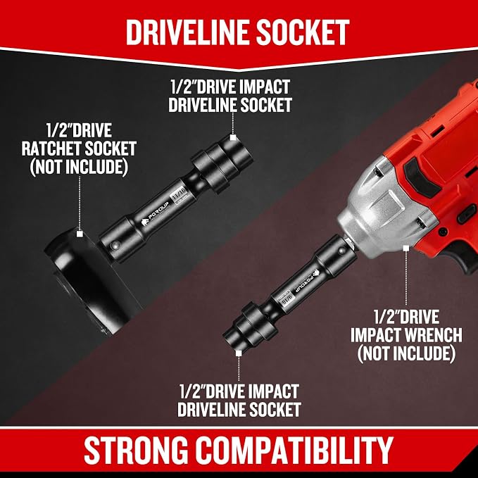 7-Piece 1/2'' Drive Driveline Limited Clearance Socket Set, 12-Point SAE Impact Swivel Socket Set, Cr-Mo Steel with Storage Case for Automotive & Industrial
