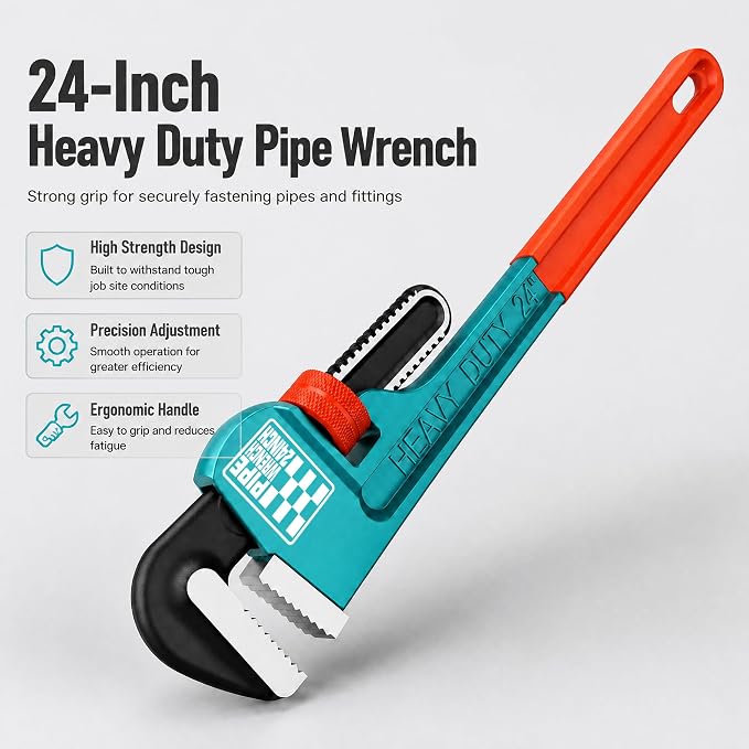 Heavy Duty Pipe Wrench, 24" Adjustable Straight Plumbing Wrench, High Drop-Forged jaws, Professional Pipeline Tool for Water Pipe Fittings, Mechanical assembly, Workshop Operations
