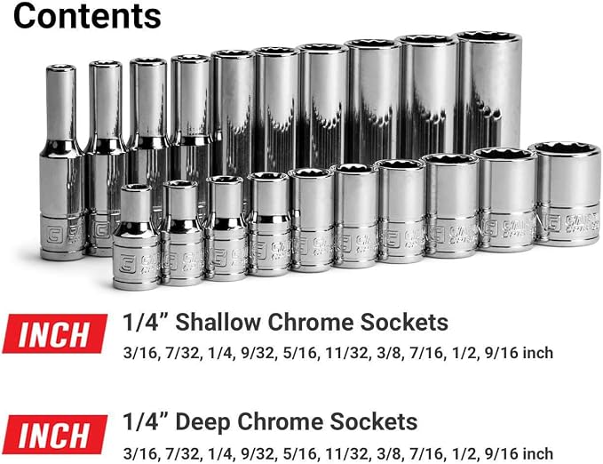Capri Tools 1/4 in. Drive 12-Point Shallow and Deep Socket Set, SAE, 3/16 to 9/16 in, SAE, 20-Piece
