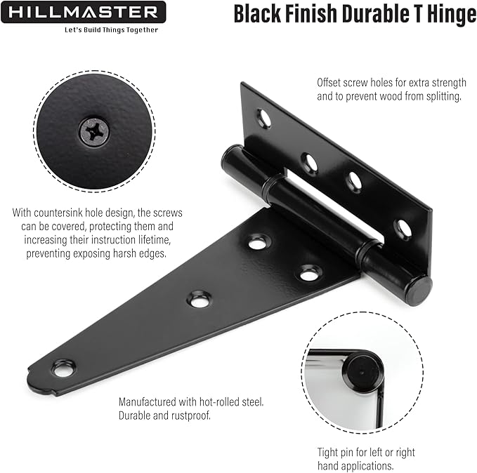 HILLMASTER 6 Inch T-Strap Heavy Duty Shed Door Hinges Gate Strap Hinges Black Tee Hinge Wrought Hardware for Wooden Fences,Yard,Barn Door,Rustproof(2 Pack)