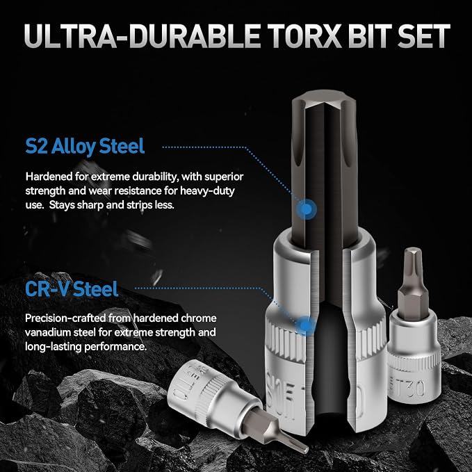 DISEN 34-Piece 3/8'' Drive Torx Star Bit sockets | CR-V E-Socket Set, E4-20, T10-60, Tamper Proof Set TT10-TT55, 5/16"F to 3/8"M adapter with Storage Case