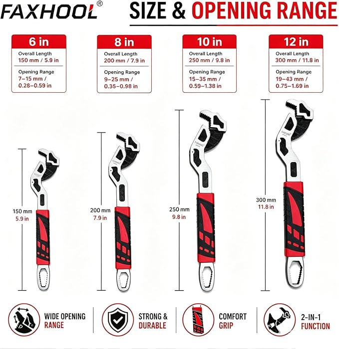 Pipe Wrench Set 6" 8" 10" 12" Self Adjusting Plumbers Wrench | Self Tightening Function, For 9/32"-1 3/8" (7-43mm), Pipe Fittings and Nuts