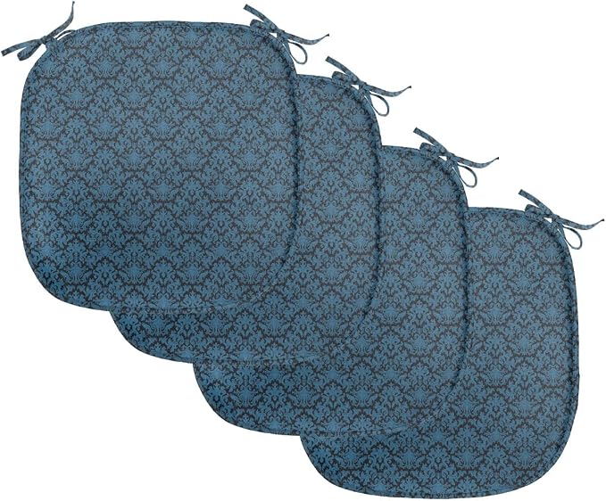 Lunarable Damask Blue Chair Seating Cushion Set of 4, Repetition with Rococo Inspired Royal Style Ornamental Pattern, Anti-Slip Seat Padding for Kitchen & Patio, 16"x16", Dark Grey and Turquoise