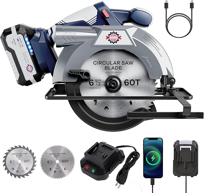 Brushless 20V 6-1/2In Cordless Circular Saw with Brake, 5600 RPM, 4.0Ah Battery Circular Saw Kit with Fast Charger, Cutting Depth 2-1/4" (90°), Adjustable 0-45°Bevel Capability, 2 Blades (24T+60T)