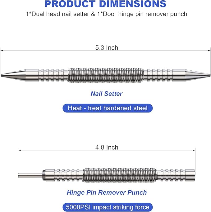 Glieskir Spring Loaded Nail Set Tools,2-PCS Dual Head Nail Setter and Hinge Pin Punch Set, Hammerless 1/16″& 3/32″Spring Nail Set, Super Strong Force Door Pin Removal Tool