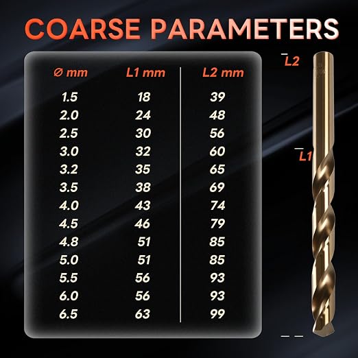 COMOWARE Metal Drill Bit Set, 13-Piece HSS-E M35 Drill Bit Set Cobalt, 1.5-6.5 mm Drill Bit Set Spiral Drill Bit Professional for Metal, Steel, Iron Self-Centring for Metalworking Drill Accessories