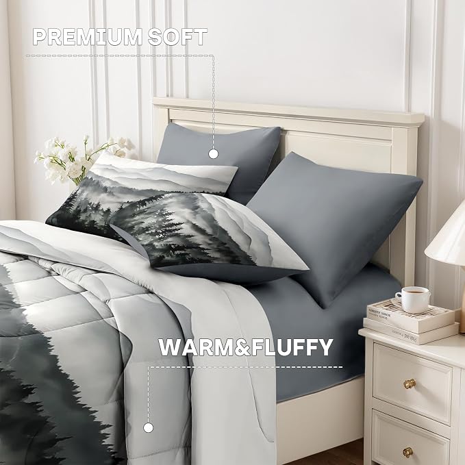 Nesker Comforter Set Queen Size, Ink Forest 7 Pcs Bedding for Kids and Adults, Misty Mountains Bed Sheet Sets with Fitted Sheet 2 Pillowcases & 2 Shams
