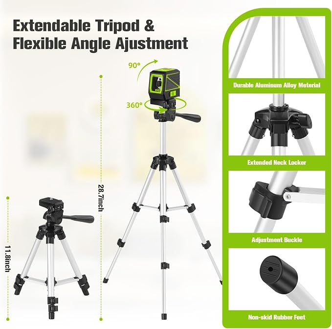 Laser Level with Tripod, 100 feet Green Cross Line Self Rotary Leveling Laser Level, Vertical and Horizontal Line, Rotatable 360 Degree, Manual Self leveling and Pulse Mode,IP54 Waterproof & Battery