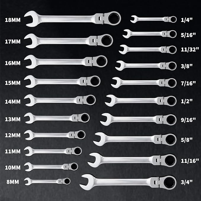 Garvee 20 Piece Ratcheting Combination SAE & Metric Wrench Set | Metric 8-18mm & SAE 1/4"-3/4" Arc CR-V Steel 72-Tooth 5° Swing | for Automotive Repair & Home Maintenance