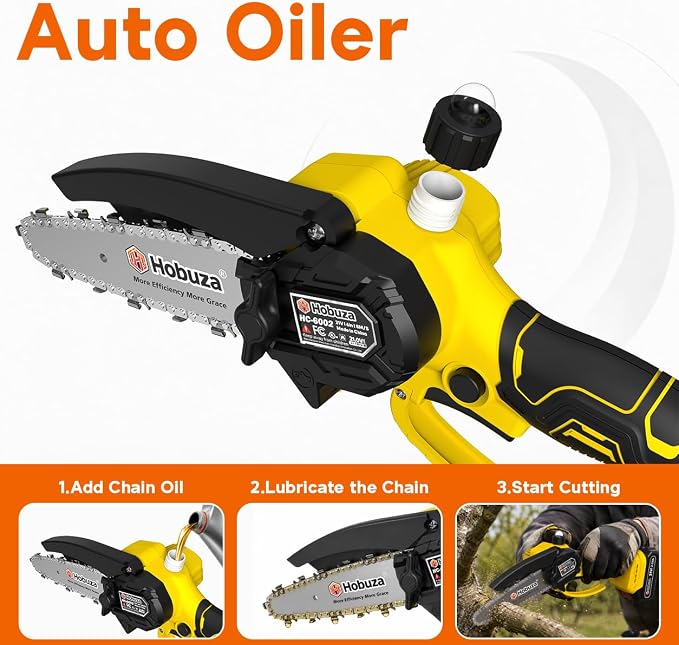 HOBUZA 6 Inch Brushless Mini Chainsaw, Lightweight One-Hand Saw for Pruning | 880W Brushless, Lightweight 1-Handed & Women-Friendly, 2x2.0Ah Batteries 4-6H Runtime, Auto Oiler, Safety Lock for Tree Work
