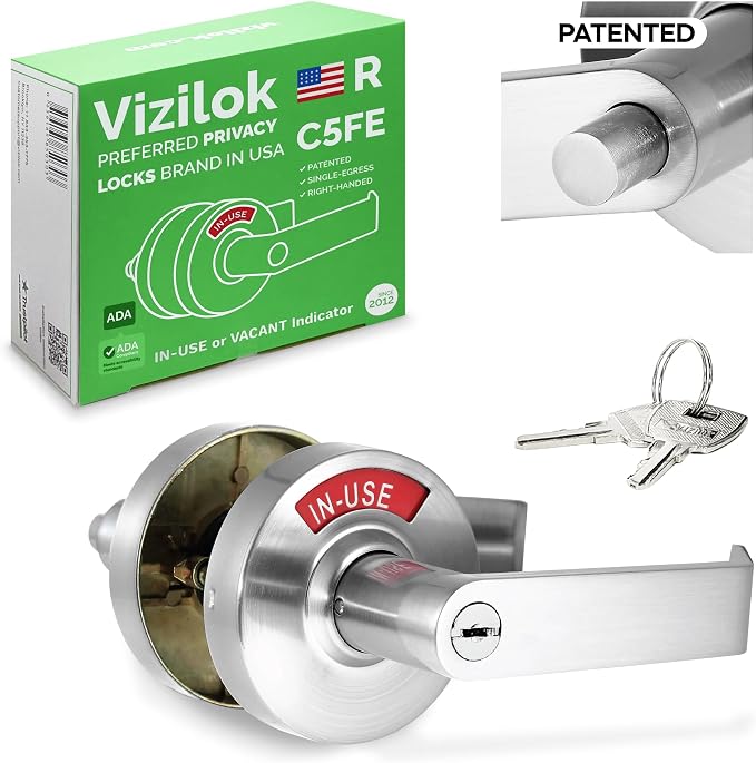 VIZILOK ADA Compliant, Single Egress Indicator Privacy Lock with Keys, C5FE-R Durable ANSI Grade 2 Comp Commercial RightHanded Non Reversible in-Use or Vacant Push Button Lever - Satin Chrome