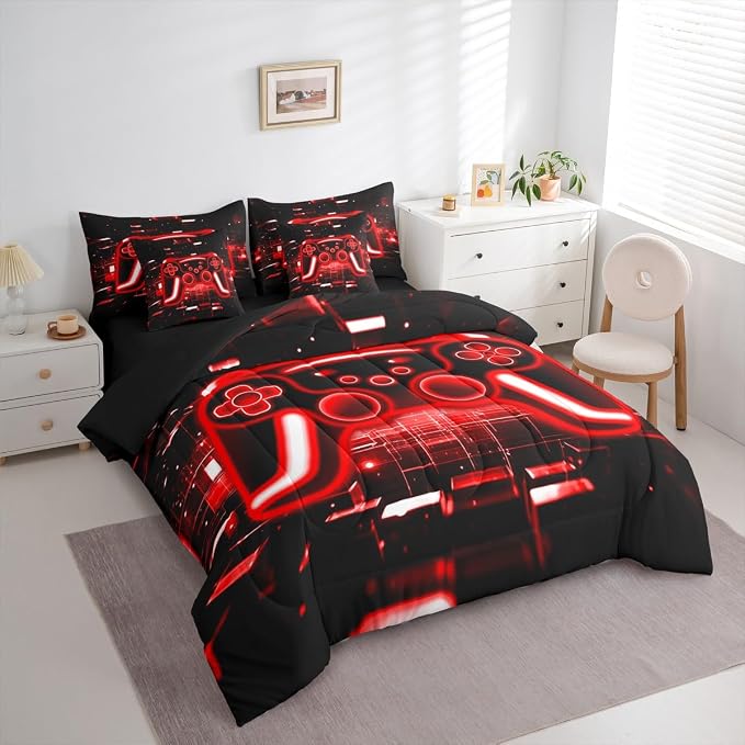 Erosebridal Gamer Bed in a Bag King Size Comforter Set 7-Piece, Gaming Bedding Sets Neon Lights Game Boy Games Comforter and Sheet Set, Red Brick Cube Room Decor,Gaming Room Decor