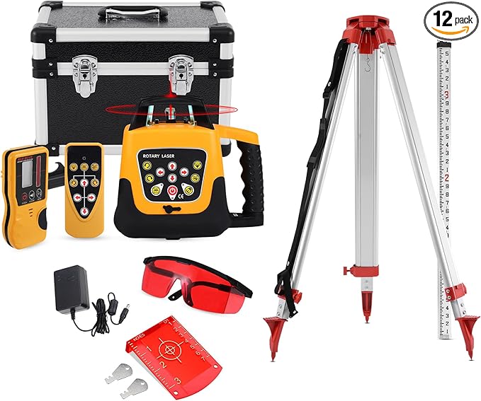 Rotary Laser Level Kit, 360 Degree Automatic Self Leveling Red Beam Horizontal Laser Transit, with Aluminum Tripod & Grade Rod, 500m Working Range for Construction & Building