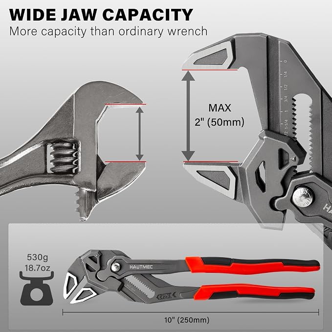 HAUTMEC Adjustable Pliers Wrench, 10-Inch Smooth Jaw Parallel Pliers, Heat-Treated CR-V Steel & Phosphated Rust-Resistant, SAE/Metric Scale, Storage Belt Pouch for Professional Plumbing & DIY