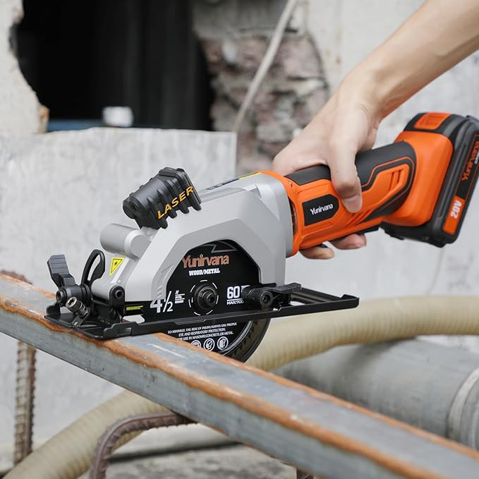 Yunirvana Mini Circular Saw, 20V 3400RPM Professional Cordless Circular Saw, Adjustable Angle and Depth,Max Cutting Depth 1-2/3"(90°), 1-1/8"(45°), Laser Guide, Rip Guide