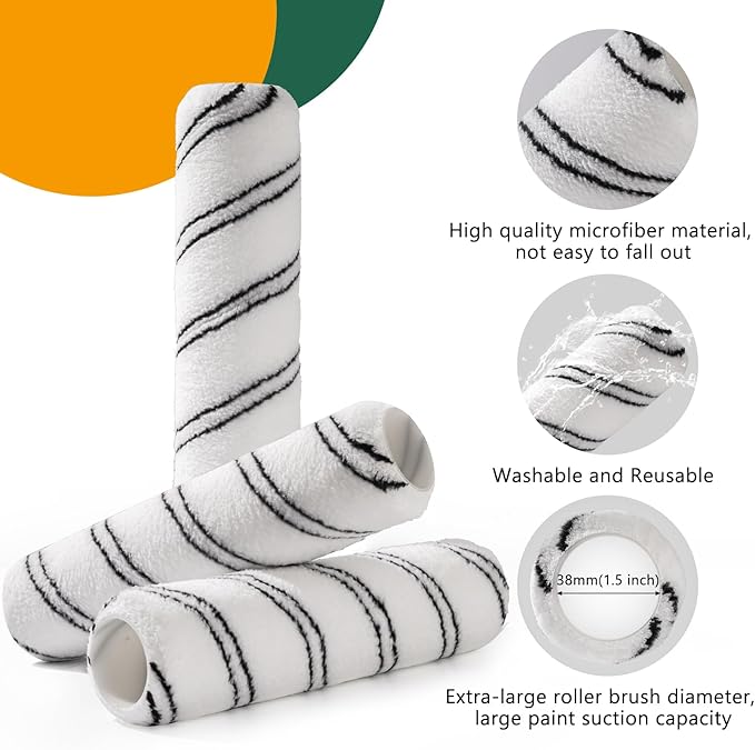 Paint Roller, Microfiber Paint Roller Covers 9 Inch (3/8” Nap), 12 Pack, Large Paint Rollers for Painting Walls, Covers for Paint Roller Kit