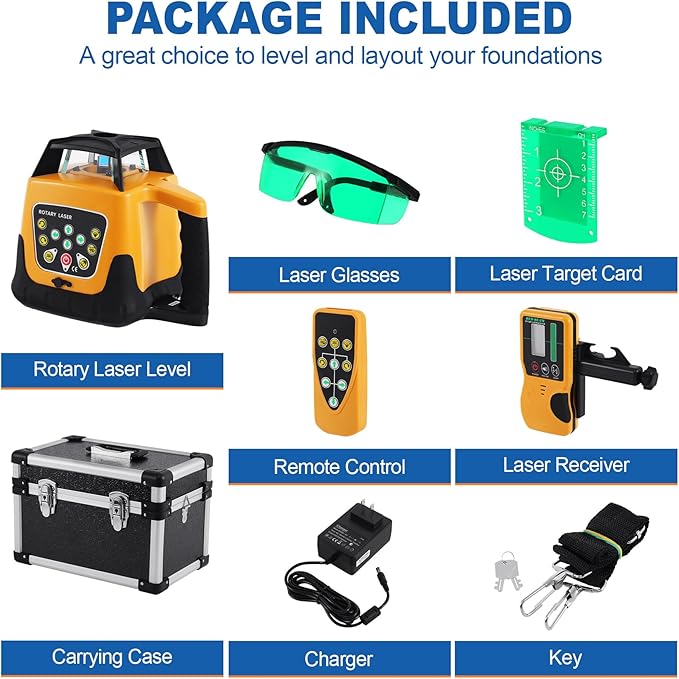 Rotary Laser Level Kit, 360 Degree Automatic Self Leveling Green Beam Horizontal Laser Transit, 500m Working Range for Construction, Building, Surveying