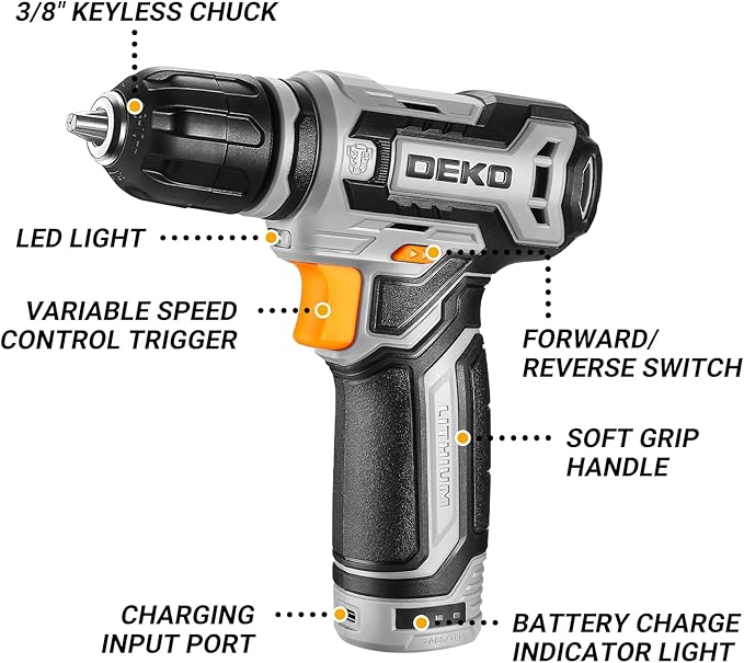 Cordless Drill: DEKO PRO 12V Power Battery Drill Set with Small Electric Drills and 3/8-inch Keyless Chuck with Portable Tool Set Gift Box
