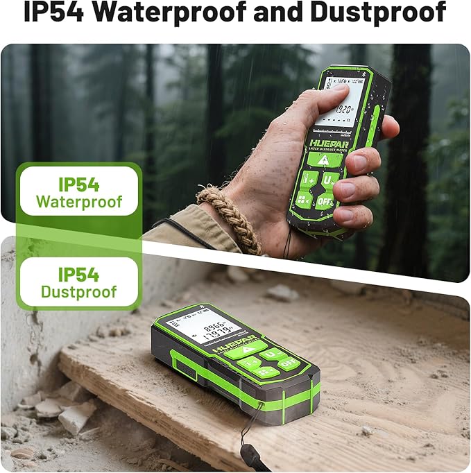 Huepar Laser Distance Measure 395Ft. Digital Rechargeable Laser Measuring Tool with Bluetooth -Phone APP, 1/16in Accuracy, Angle Sensor, M/in/Ft Unit, Pythagorean Mode, Measure Distance, Area, Volume