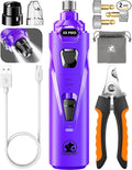 Whisper Quiet Dog Nail Grinder with 4 LED Lights, Safe & Stress-Free for Sensitive Dogs of All Breeds & Sizes, 3 Grinding Bits, 3-Speed, Pet Nail Trimmers, Rechargeable Painless Grooming Kit Purple