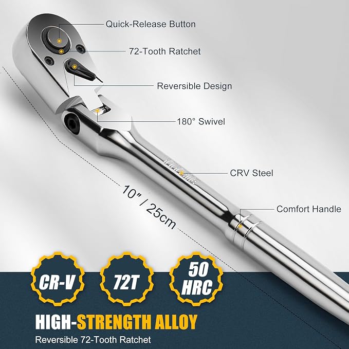 YIYEIE 3/8" Drive Flex Head Ratchet, 72 Tooth Swivel Head Ratchet, Quick-Release, CR-V Steel, Flexible Ratchet Wrench with EVA Foam | 10 Inch Long
