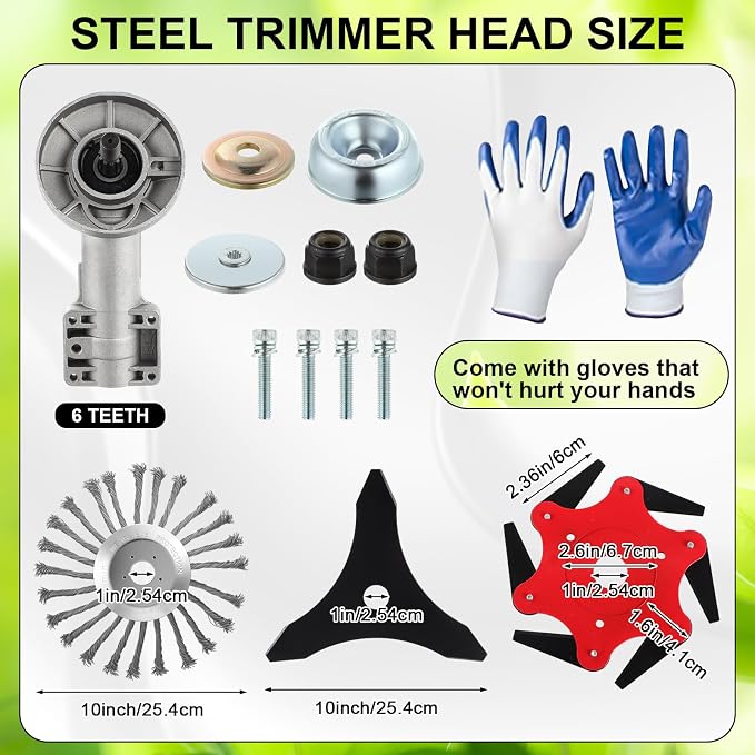 Duraaamo 7 Pcs Brush Cutter Kit Include 9" x 36T Carbide Tipped Blades, 9" x 20T, 8" x 40T, 10" x 3T, 10" x 6TBlades with Adapter Kit, 10 Inch Steel Wire Rotary Head and Trimmer Head Replacement