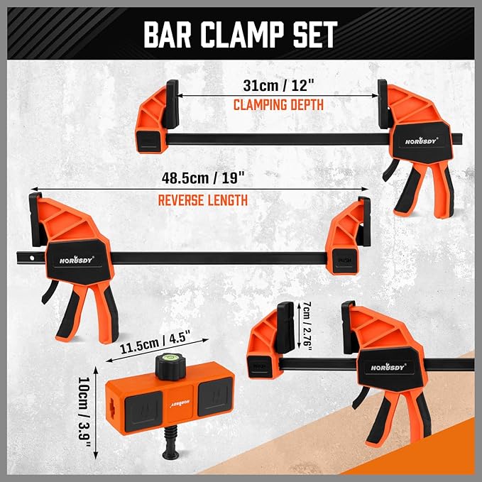HORUDSY 3-Pack 12-Inch Bar Clamps Set with Leveling Block Clamps, Heavy Duty 350LBS Load, One-Handed Quick Grip Woodworking Clamps, Expandable Spreader with Connector