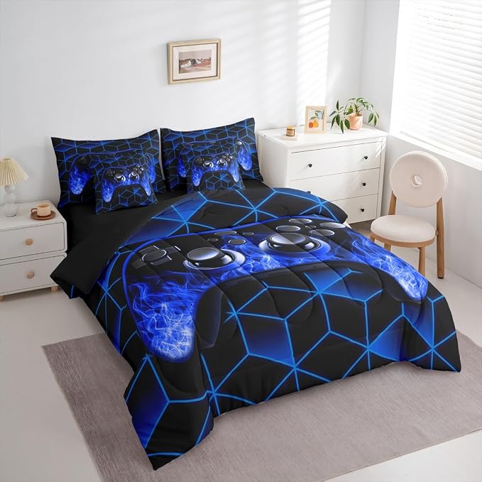 Game Consoles 7 Piece Comforter Set Full Bed in a Bag,Neon Geometric Bedding Set,3D Geometric Gamer Comforter and Sheet Set Blue Flame Bed Set,Gaming Decor for Boys Bedroom Decor Gamer Gifts