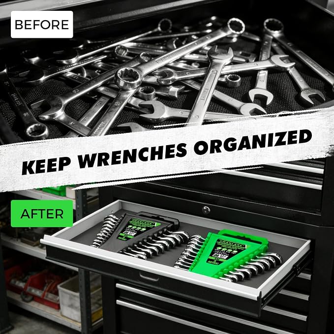 2-Piece Magnetic Wrench Organizer, Metric & SAE Portable Plastic Wrench Holder, 24-Slot Total, Foldable Carrying Handle for Wall-Mounted, Easy-Open Lock Cover, Wrenches Storage Rack Tool for Tool Box