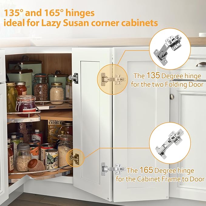 TamBee 135 Degree Cabinet Hinges, Lazy Susan Hinges for Corner Cabinets, Hidden Hinges for Kitchen Folded Doors - 3D Adjustment, Cupboard Hinges Replacement, Brushed Nickel 1 Pair