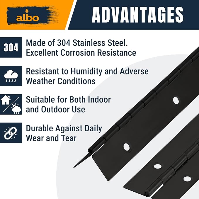ALBO 16 Inch Black Heavy Duty Piano Hinge Continuous Stainless Steel 304 (2-Pack), Surface Mount Cabinet Hinges Matte Black 16"x2" for Storage Box, Workbench & Display Case, Rustproof