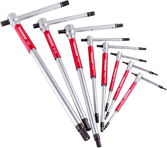 Powerbuilt 8 Pc SAE T-Handle Hex Allen Key Wrench Set w/ Speed Sleeves for Fast Spinning Action, Sliding Top Handle for “T” or “L” Shape, Long Shafts, Storage Rack, Auto, Bicycle, Moto - 941644 , Red