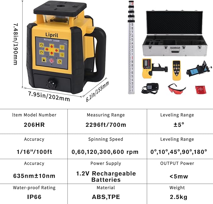 Rotary Laser Level Kit, ±1/16" @100' Accuracy, 2296FT Work Range, IP66 Self-Leveling Construction Laser Transit with Tripod & Grade Rod, Swappable Battery System for Construction Job, Red Bean