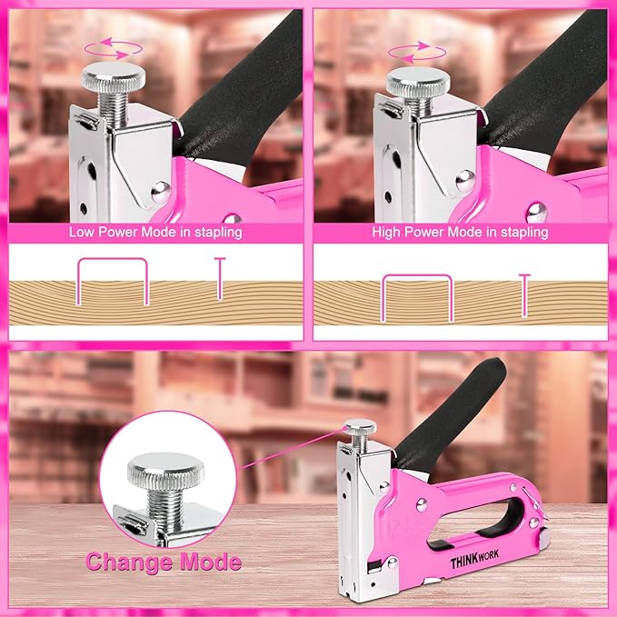 THINKOWRK 3 in 1 Staple Gun, Light Pink Staple Guns/Home Use Upholstery with 900 Staples, Nail Gun for Wood, Cable, Fabric, Wall, Material Repair, DIY Manual Stapler