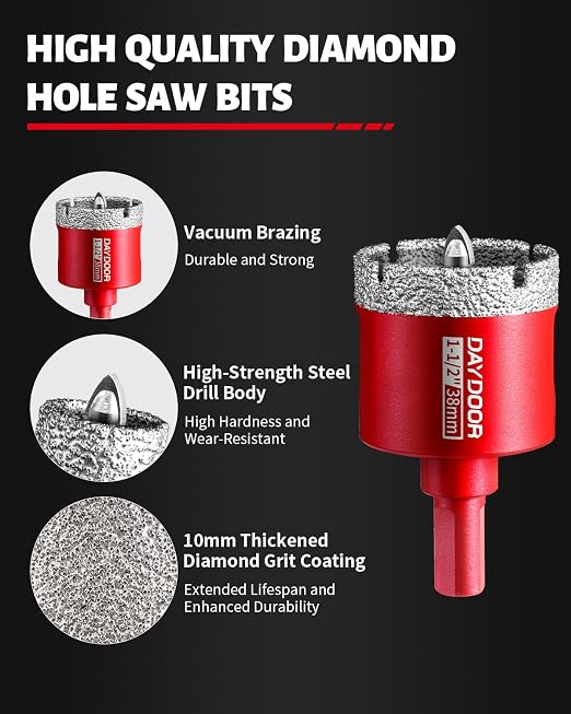 DAYDOOR 1-1/2" Diamond Hole Saw Bits with Pilot Drill Bit -2pcs 38mm Diamond Tile Hole Saw with Guiding Bit for Porcelain Tile Ceramic Pottery Granite Stone Glass Bottles(3/8" Triangle Shank)