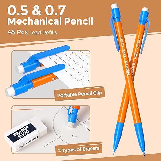 Nicpro 17 PCS Compass Geometry Set for Students, Drafting Tools Math Protractor Compass with Rulers, Mechanical Pencil, Square Set, Box of Protractors Kit for Class Supplies, Back to School Supplies