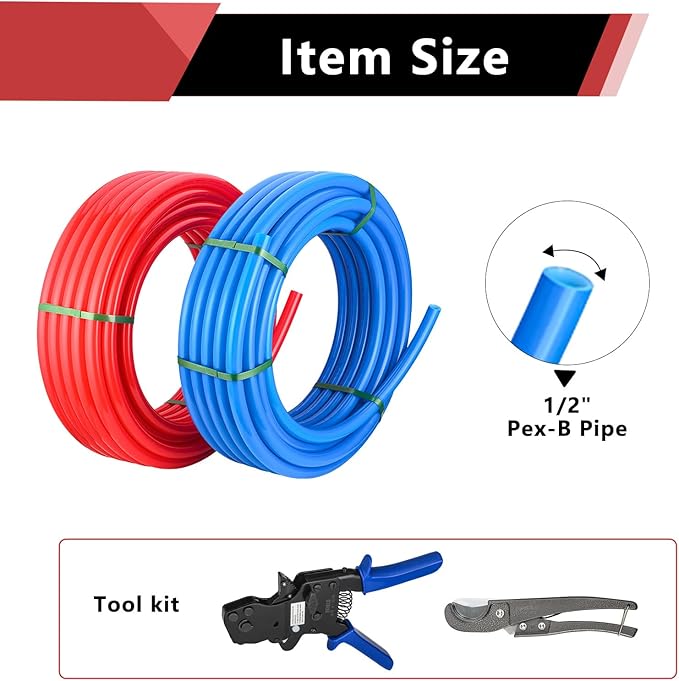 (Pipe&Combo Kit) EFIELD Pex-B Pipe Blue & Red 1/2" 2 x100ft with Ratchet Crimping Tool and Pipe Cutter