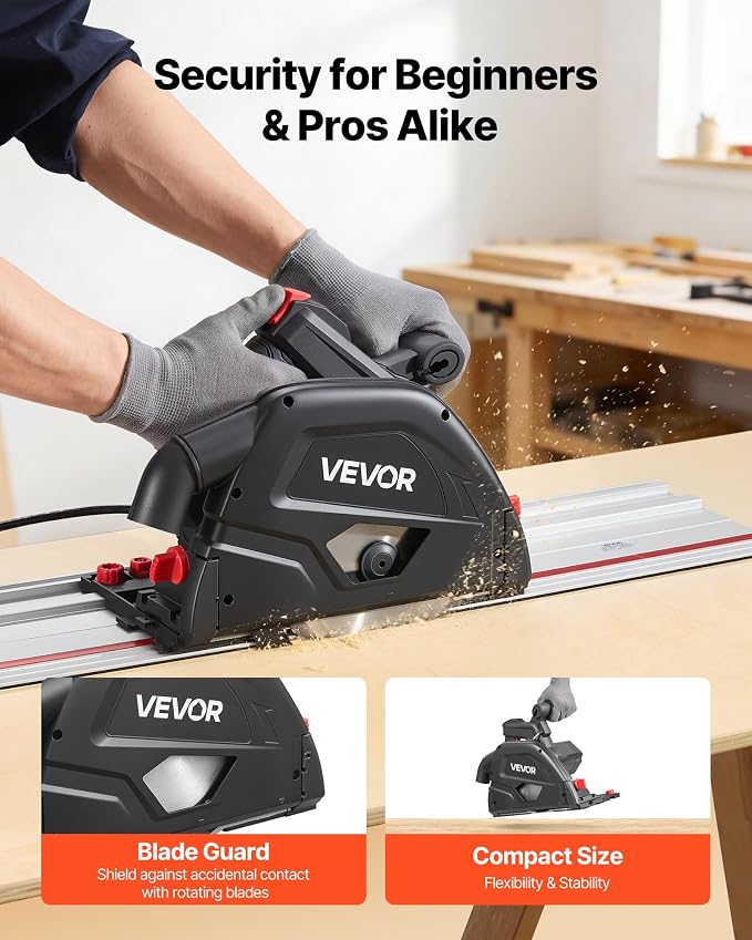 VEVOR Track Saw, 6-1/2-Inch, Plunge-Cut Circular Saw Kit, Tracksaw with 48-Tooth Carbide-Tipped Blade, 0-45° Angle Adjustment, 2.16 in Cutting Depth, for Wood, Plastic, Guide Rail Not Included, Black