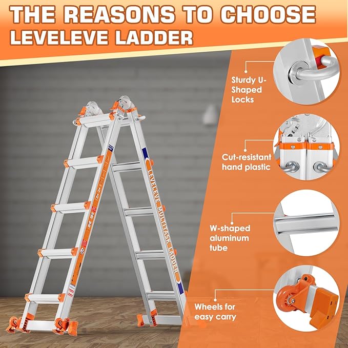 LEVELEVE Telescoping A Frame Ladder, 17FT Multi Position Ladder with Stabilizer Bar & Wheels,330 lbs Security Load for Stairs Home Indoor Outdoor Roof