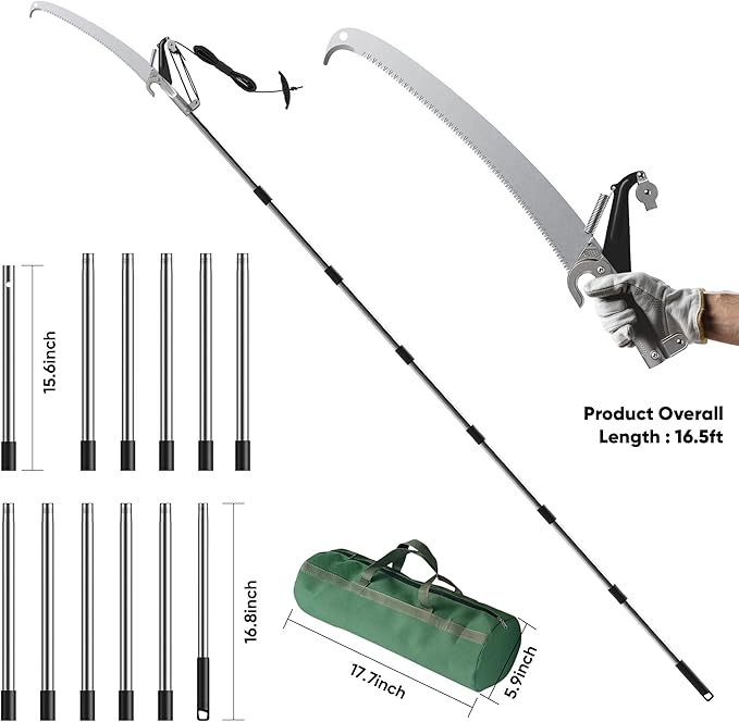 FLORA GUARD 16.5 FT Pole Saw for Tree Trimming, Manual Pole Saw & Tree Pruner with SK5 Steel Blade, 4-Pulley Effort-Saving System, Aluminum Alloy Head for High Branch Cutting