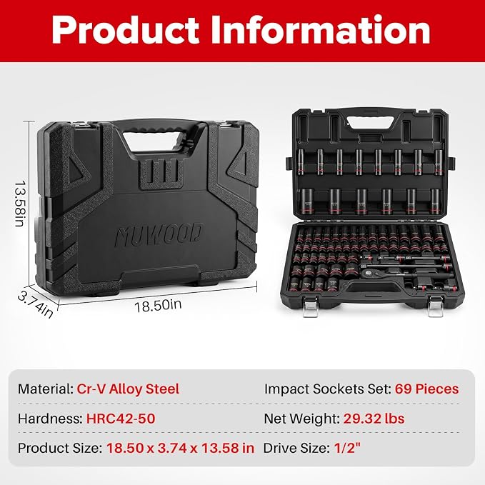 1/2" Drive Impact Socket Set 69 Piece, 3/8" to 1-1/4" and 10-24mm | SAE and Metric, 6 Point, CR-V Alloy Steel, Easy-to-Read Size Markings, Extension Bars, with Storage Case, for Auto Repair