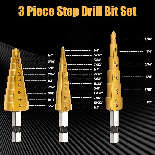 3PCS Titanium Step Drill Bit - 4241 HSS Step Bit with Two Straight Flutes, 28 Sizes for Metal, Aluminum, Wood & Plastic, Unibit for Electricians & DIY with Portable Bag
